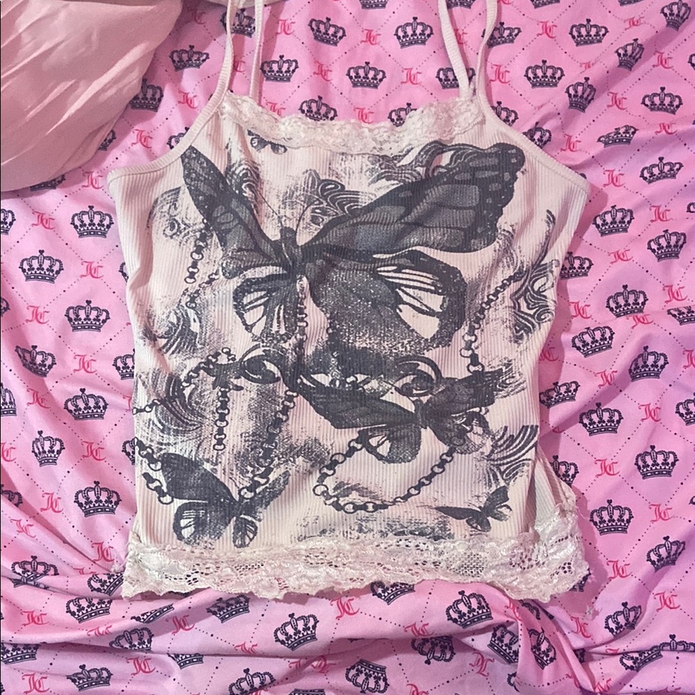 Juicy Couture Women's Cream and Black Butterfly Top